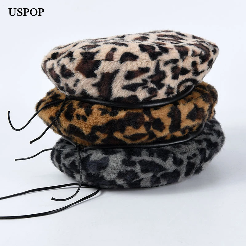 Женский берет из кроличьего меха с леопардовым принтом | Аксессуары для одежды