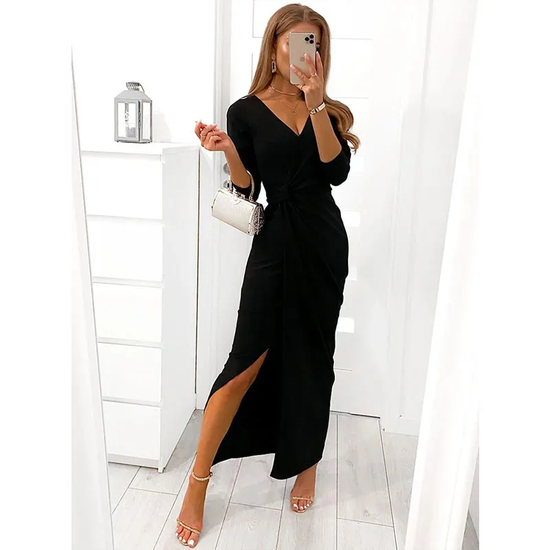 

Party Evening Dress Skirt V-neck Long-sleeved Split Solid Color Slim 2022 Spring Autumn New Arrival Dresses Women Temperament