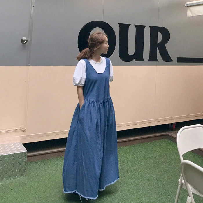 

COIGARSAM Solid Women Long dress Sleeveless Loose Dresses Light Dark Blue 6701