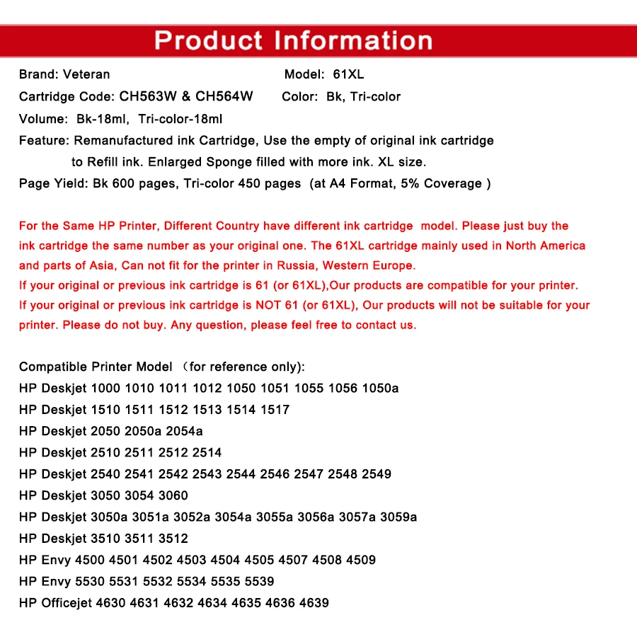 Veteran 61XL черный Заправляемый чернильный картридж для hp 61 XL 1000 1010 1050 1510 2000 2050 2510 3000 Envy