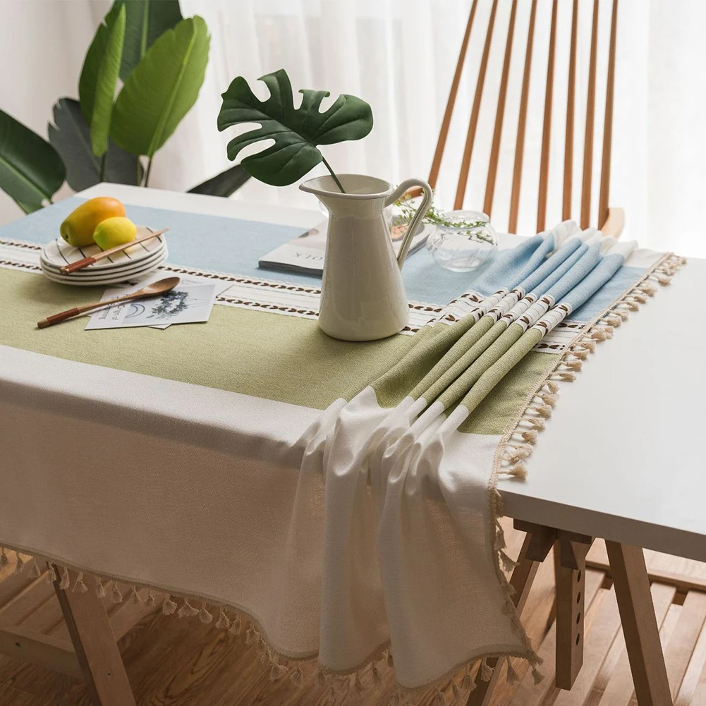 Клетчатая декоративная льняная скатерть с кисточками прямоугольная утолщенная