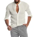 Рубашка мужская с V-образным вырезом, хлопково-Льняная блузка с длинным рукавом, мешковатая однотонная, в стиле ретро, уличная одежда, лето 2021