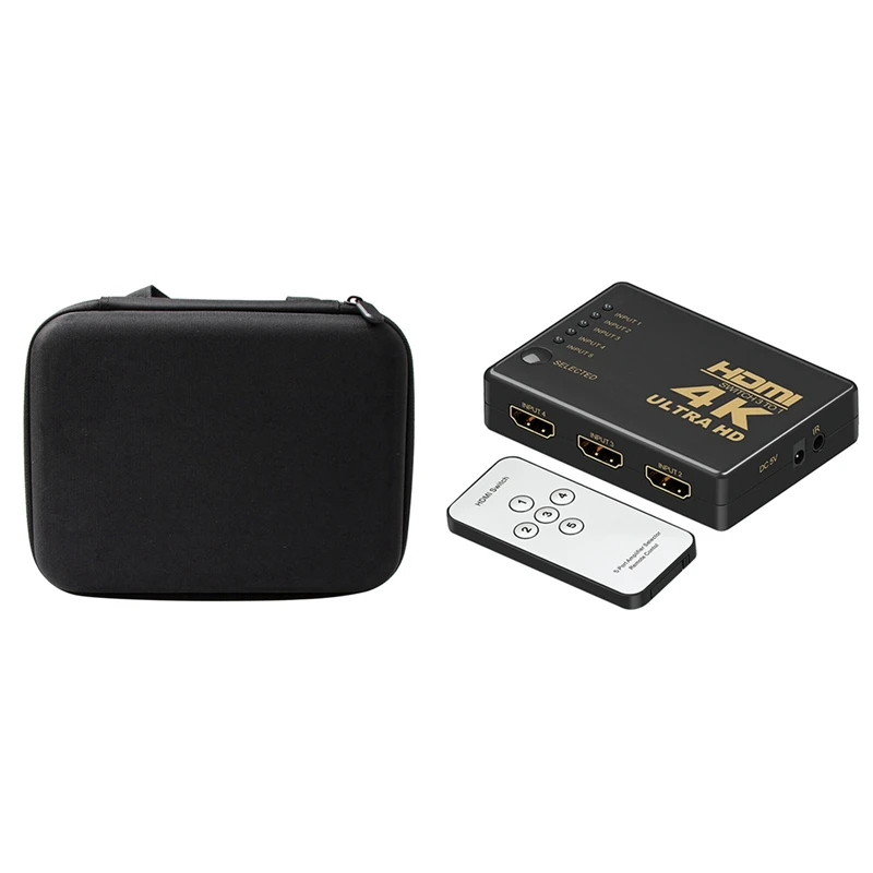 

HDMI Switcher 5 in 1 Out, Support 4K, Full HD 1080P, 3D Infrared Remote Control & Portable AA/AAA Battery Storage Bag
