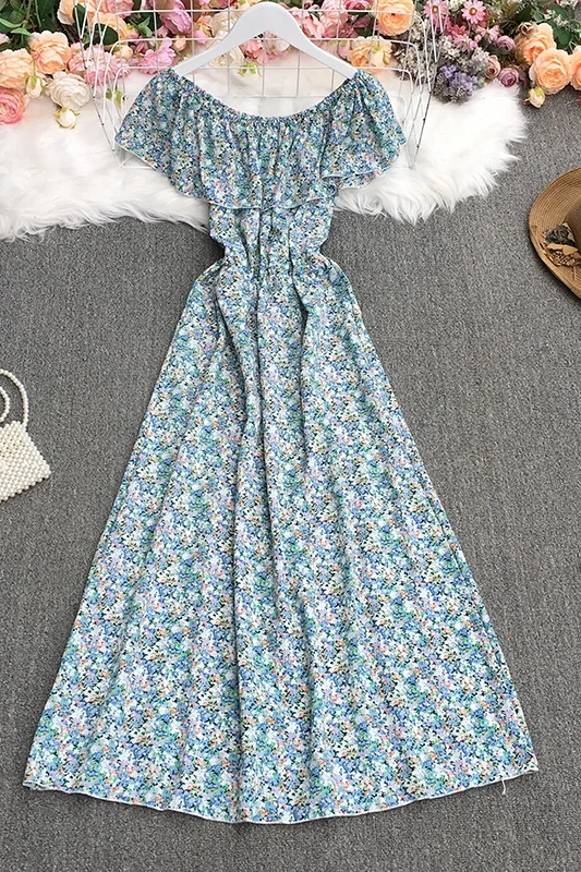 

2021 New Summer Elegant slash neck short sleeve Dress high waist pleated waist Ruffles floral mid-length A-line Dress