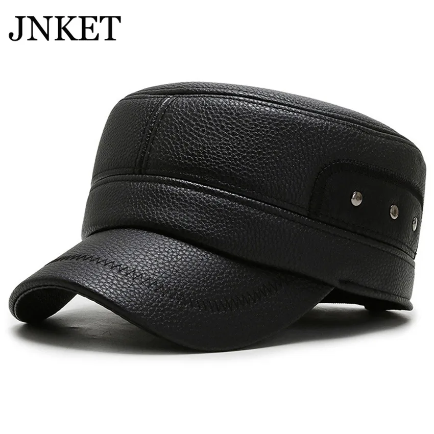 

JNKET Мужская армейская шапка из искусственной кожи Зимняя теплая шапка с ушами флисовая подкладка кадет шапка Регулируемая плоская шапка во...