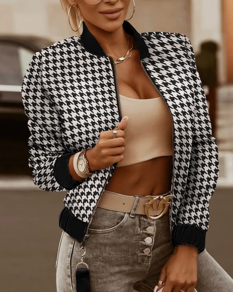 

Plaid Print Long Sleeve Zipper Up Puffer Jacket