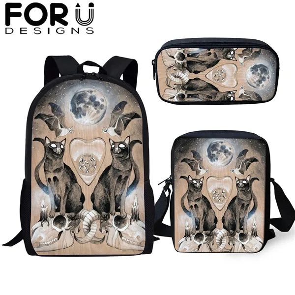 FORUDESIGNS/готический Черная кошка школьные сумки 3 шт./компл. для девочек и мальчиков Повседневное 3D Для женщин рюкзак ортопедический рюкзак детская дорожная сумка для книг - Цвет: CDGX1392CEK