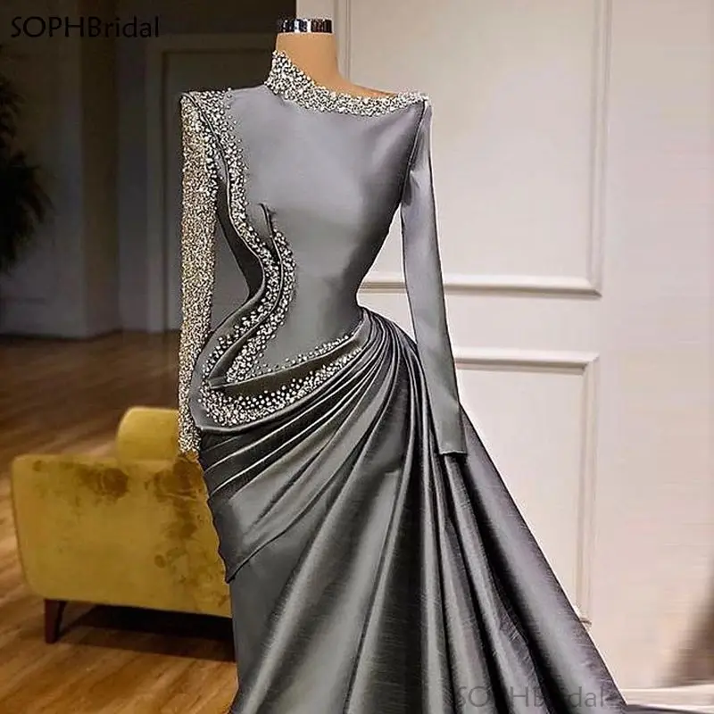 

SauDi Arabic Long Sleeves Evening Dresses 2021 Beading Pearls Sequins Prom Dress Vestidos de Fiesta Formal Party Gowns