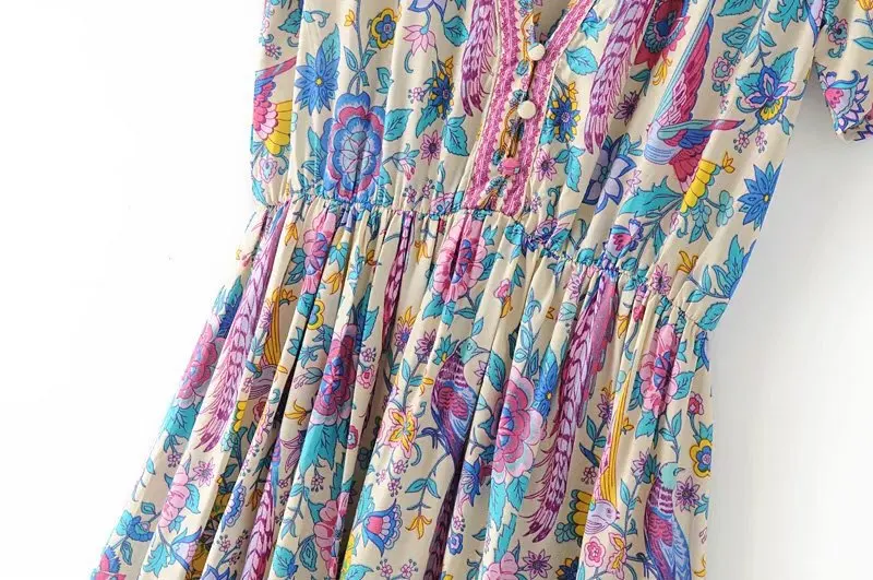 Винтажное шикарное женское платье мини с цветочным принтом павлина и глубоким V