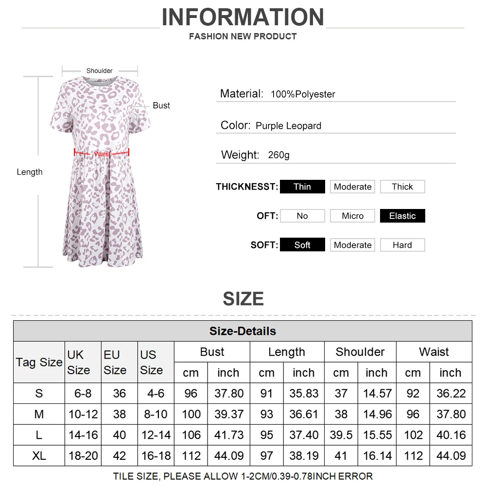 

Short Sleeve Swing Mini Dress Leopard Print T-Shirt Dress Women Summer Plain Crew Neck Casual Loose Pullover Tunic Tops D30