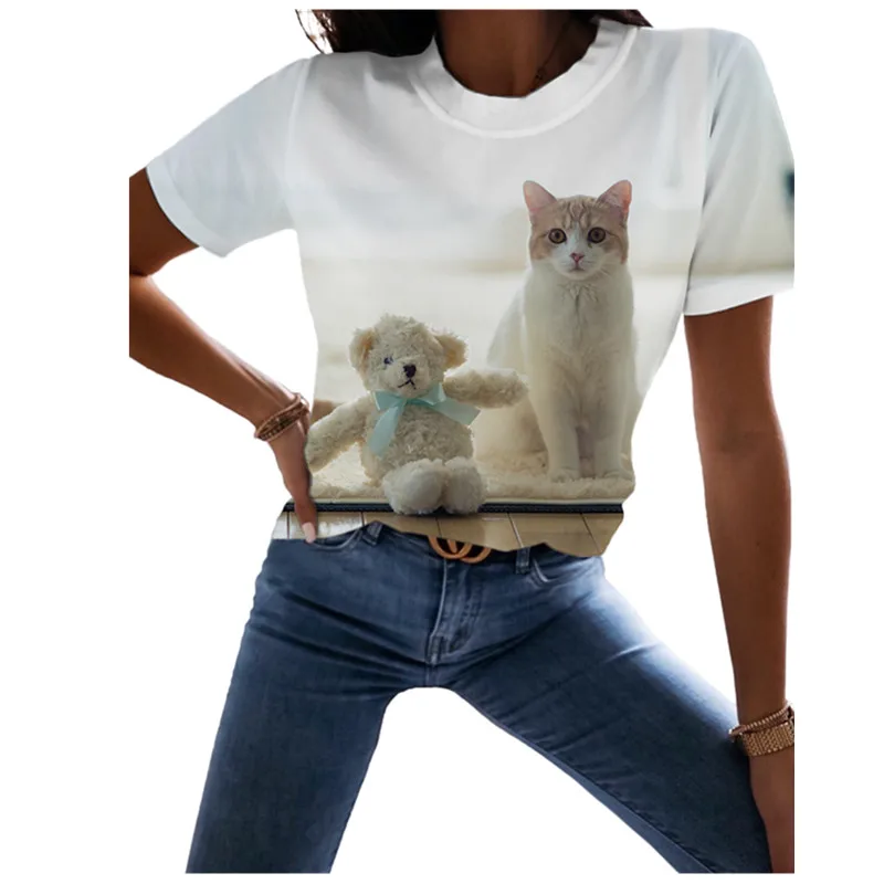 

Летняя Милая футболка с мультяшным котом, женская модная одежда в стиле Харадзюку, уличные хипстеры, повседневная женская футболка с коротк...