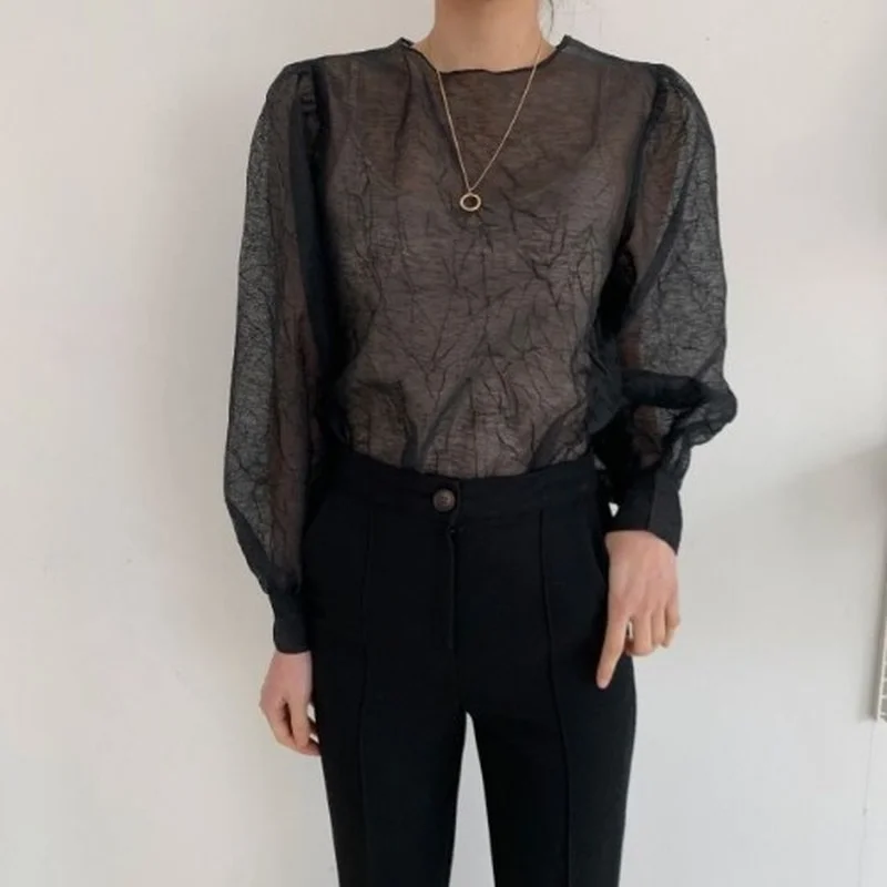 

Fashion Summer Korean Long-sleeved Mesh Pleated T-shirt Sexy Sweet Mesh Micro-through Top Women's Clothing T Shirt for Women