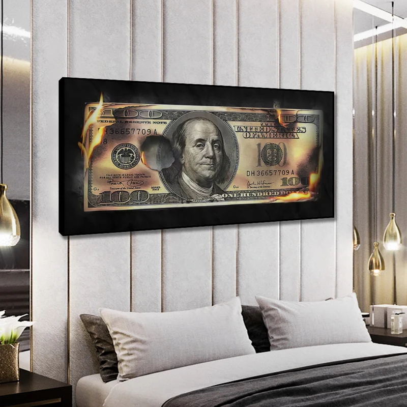 

Benji's to Burn Motivational Wall Canvas Art Burning Dollar Modern Painting Posters Print 100 Dollars Picture Living Room Decor