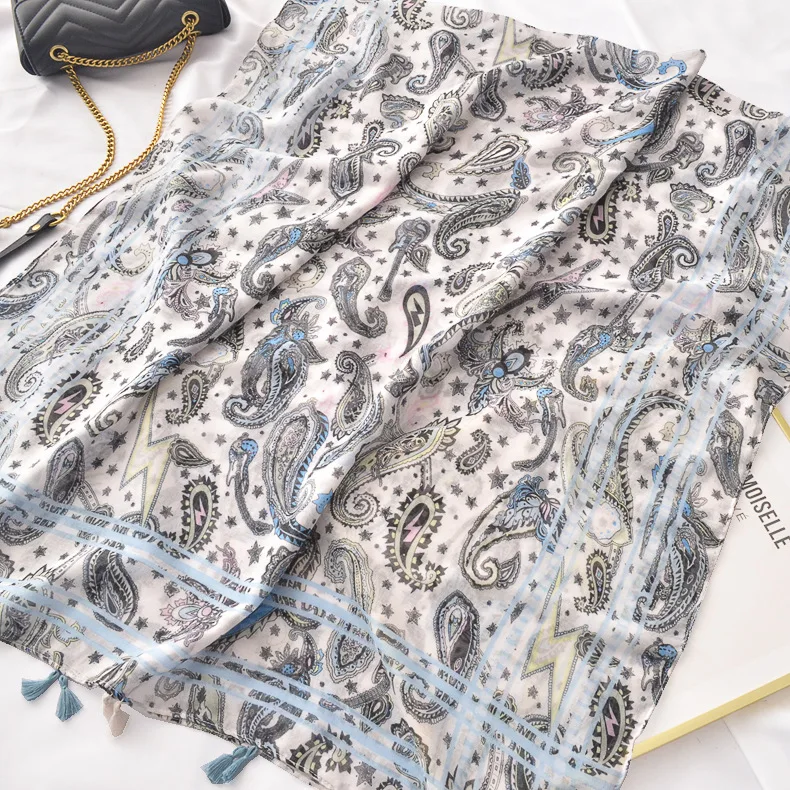 Женский этнический хиджаб зимний длинный синий шарф в испанском стиле с принтом