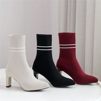 2021 women sock boots fetish stripper stretch ankle boots lady knitting winter low 7 5cm high heels slip on sexy jeans red shoes
