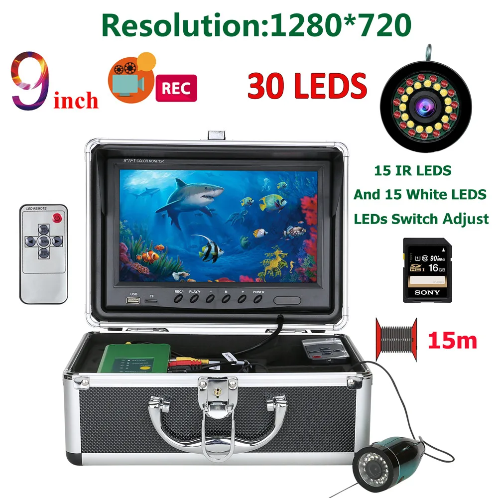 

9 inch DVR Fish Finder Underwater Fishing 1080P Camera HD 1280*720 Screen15pcs White LEDs+15pcs IR 15m Camera For Fishing 16G