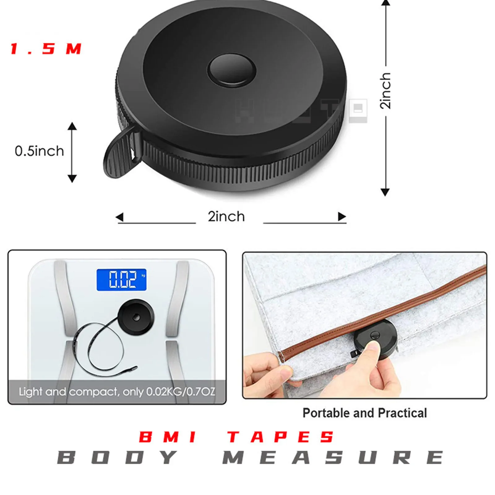 

Round Tape Measure All Black Mini Telescopic Tape 150 cm Body Measuring Tape