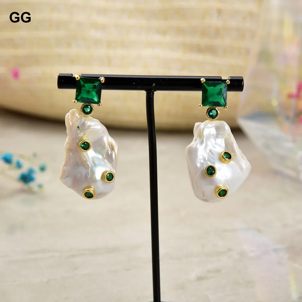 GG ювелирные изделия искусственный белый барочный жемчуг зеленый Cz Стразы серьги