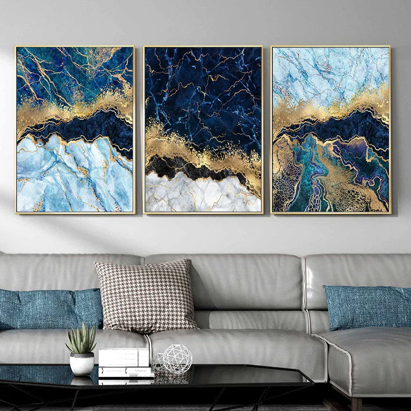 

Retro Blue Marble Golden Canvas Poster Nordic Print Vintage City Canvas Art Painting Modern Wall Picture Living Room Decoration