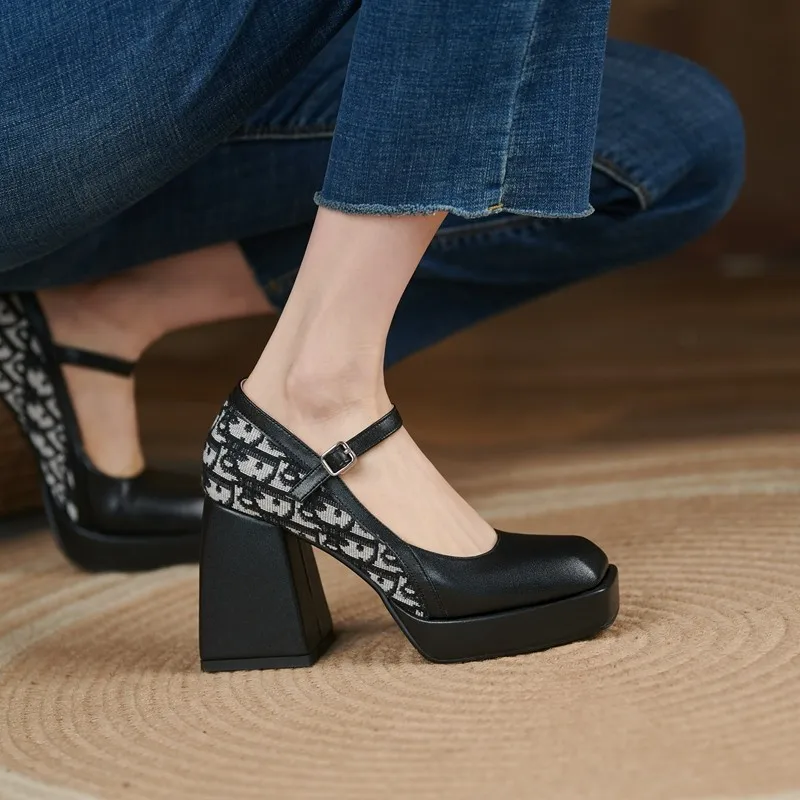 

Женские туфли-лодочки в британском стиле, винтажные Туфли Мэри Джейн из натуральной кожи, на очень высоком каблуке, с квадратным носком, раз...