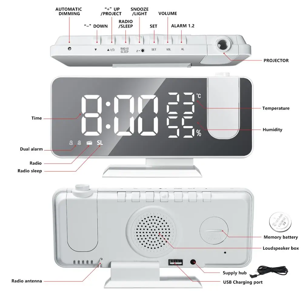 

LED Digital Projection Alarm Clock Table Electronic Alarm Clocks with Projection FM Radio Time Projector Bedroom Bedside Clock