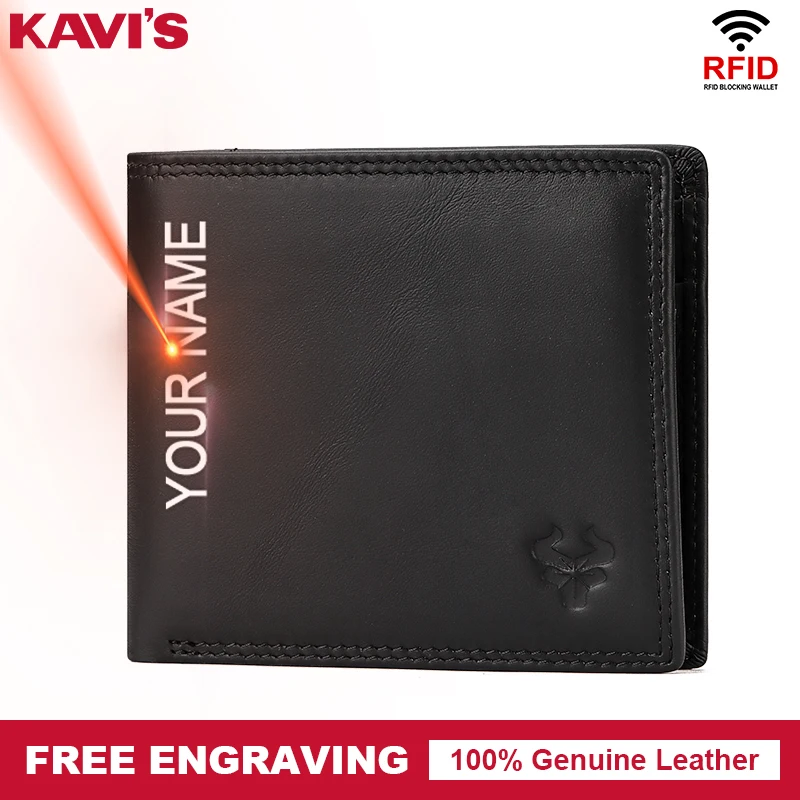 

KAVIS Rfid Free Engraving Genuine Leather Wallet Men Coin Purse Portomonee PORTFOLIO Male Cuzdan Perse Card Holder for Name