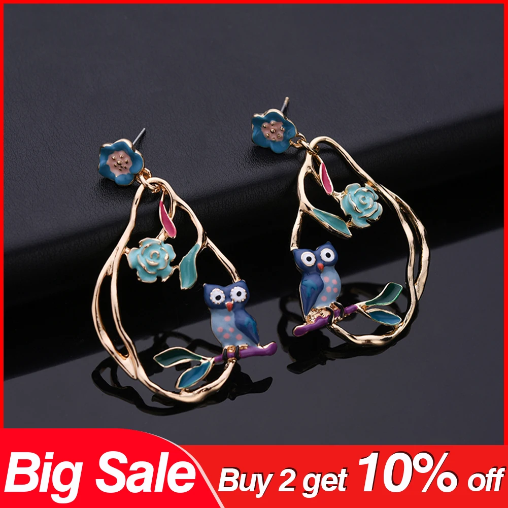 

2019 Drop Earring Hanging Flowers Bird Owl Statement Jewelry Summer Bohemian Long Big Gold Plated Earrings for Women Lady Party