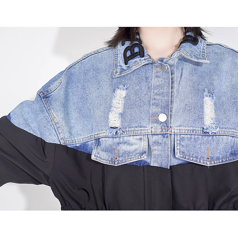 

XITAO Patchworl Hit Color Drawstring Waist Jacket Women 2020 Autumn Tide Fashion New Style Turn Down Collar Long Sleeve ZYQ1623