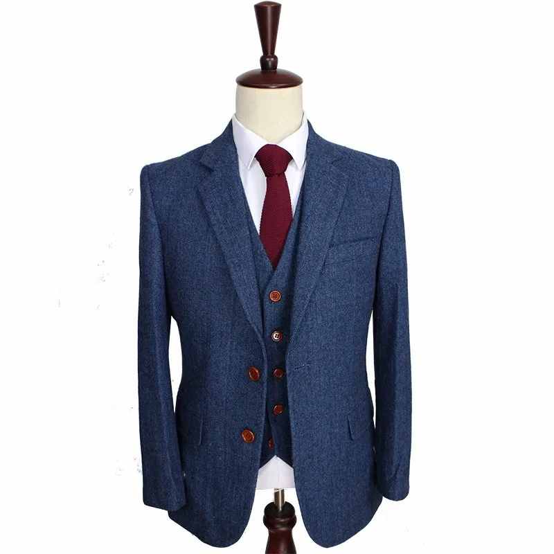 Wool Blue Herringbone Tweed  Custom Made Men's Suits Tailor Suit Blazer Suits for Men 3 Piece (Jacket+Pants+Vest) Costume Homme