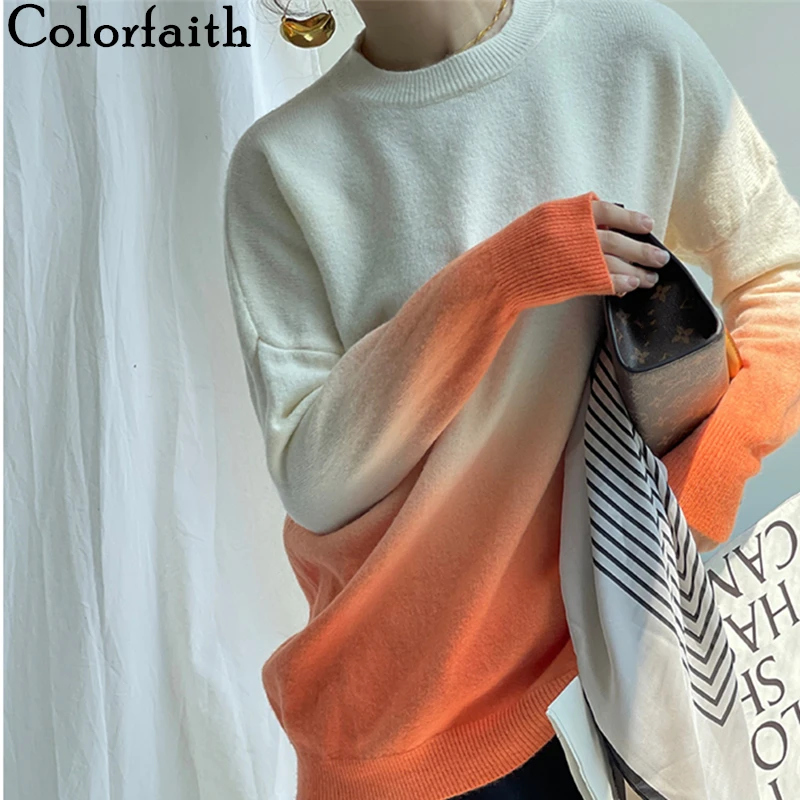 

Colorfaith New 2022 Women's Spring Sweaters Pullovers Gradient Oversized Fashionable Frence Style Vintage Lady Tops SW3293JX