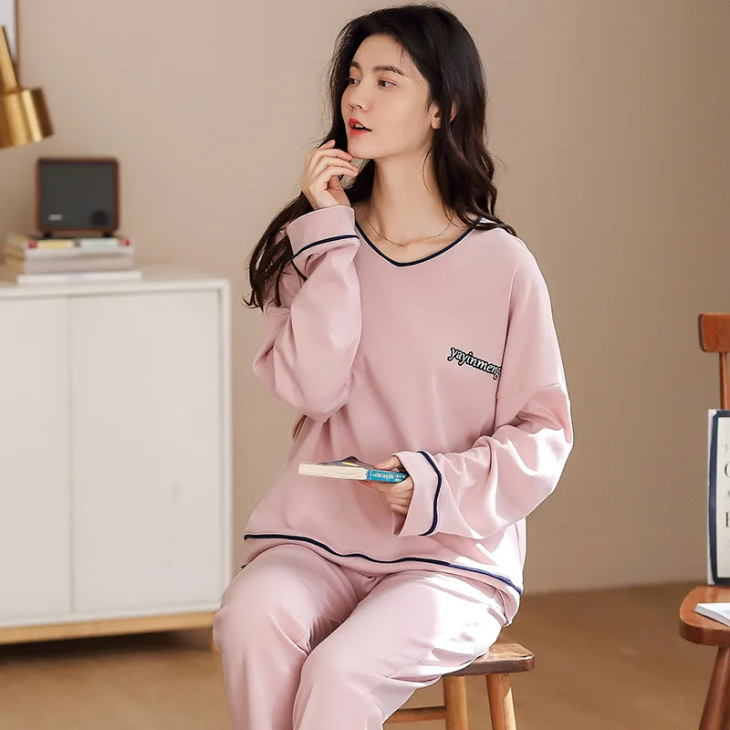 

SLPBELY Women Pajamas Round Neck Pure Cotton Home Suit Long Sleeve Plus Trousers 2-Piece Set Pajamas Comfortable Nightwear