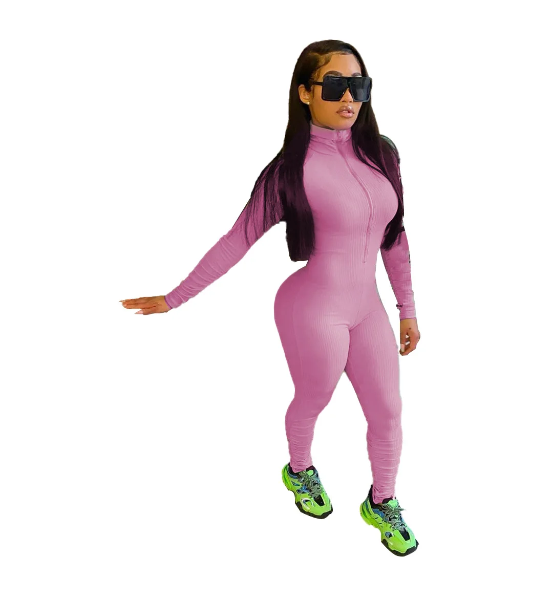 Женский трикотажный комбинезон в рубчик розовый Облегающий уличном стиле с