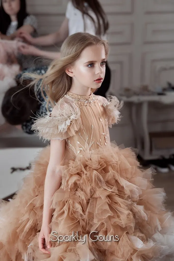 

Luxury Feather Ball Gown Flower Girl Dresses For Wedding Beaded Lace Tiered Ruffles Toddler Girls Pageant Dress Kids Formal Wear