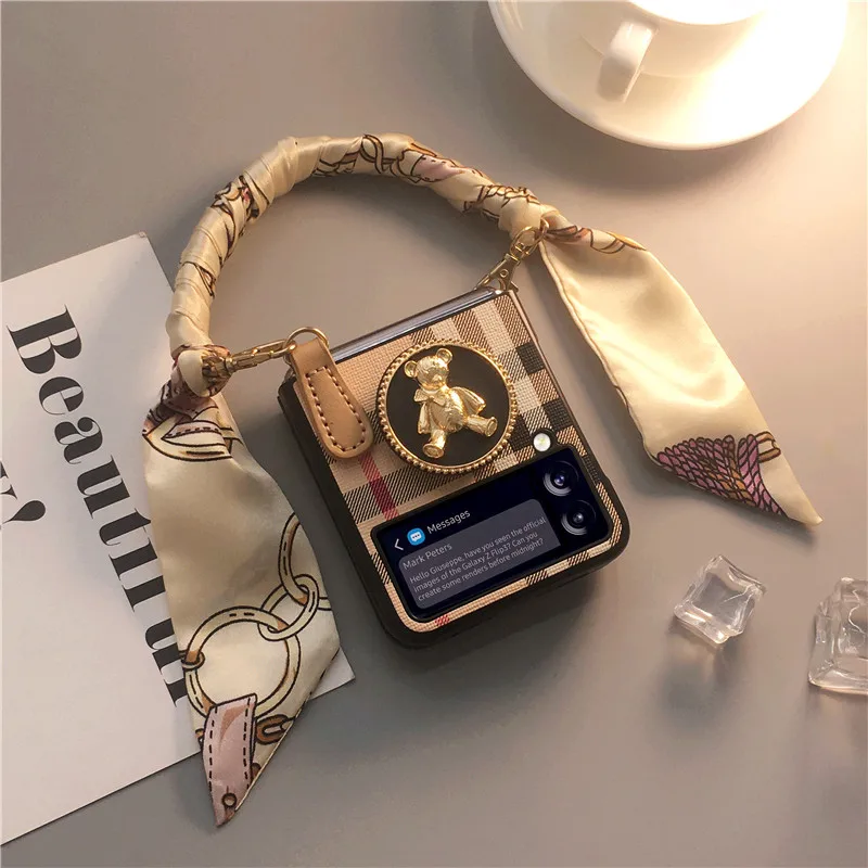 fashion silk scarf hand chain bear holder phone case for samsung galaxy z flip 3 cover free global shipping