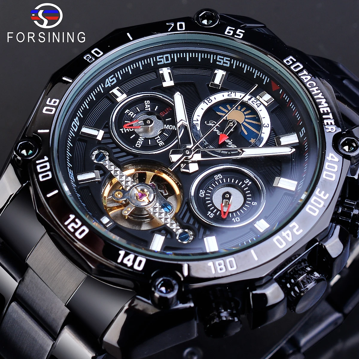 

Forsining Tourbillon Black Mechanical Men Watches Calendar Moon Phase Stainless Steel Strap Business Dress Sport Wristwatch Gift