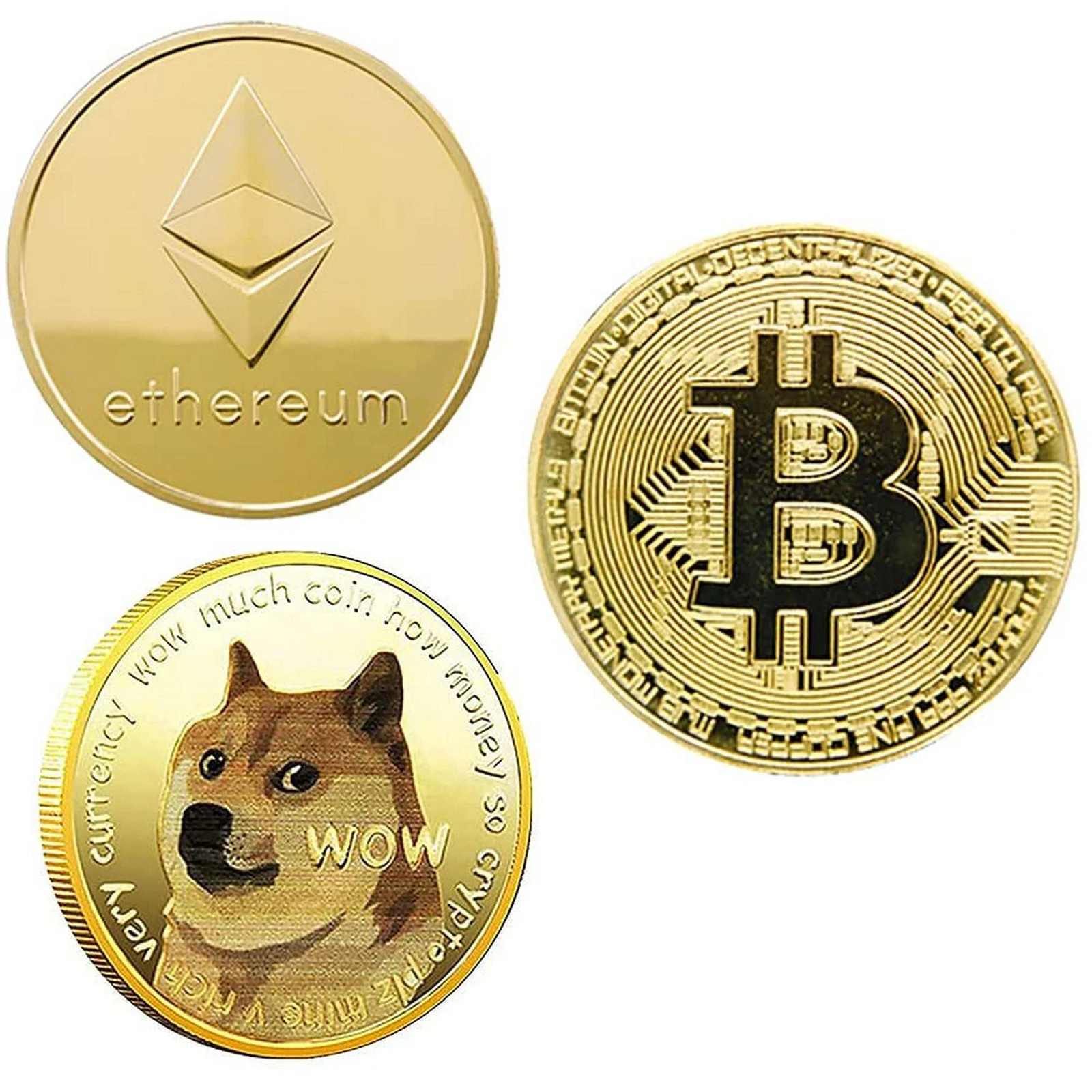 

3PCS Premium Virtual Currency Doge Commemorative Coin UV Color Printing Dogecoin+Ether+Bitcoin Commemorative Coin Animal Badge