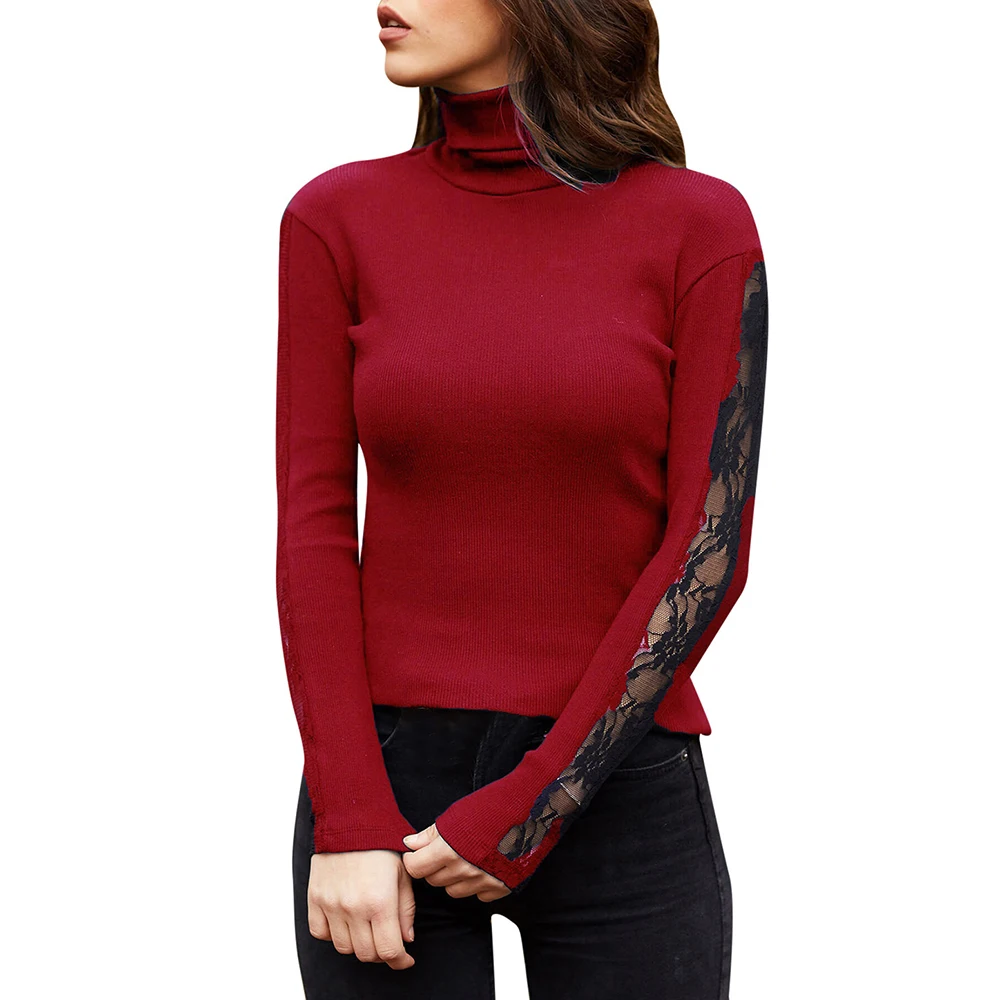 

Solid Color Women Elegant Lace Long Sleeve Knitted Casual Long Sleeve Tops Spring Autumn Hollow Out Half High Collar Pullover