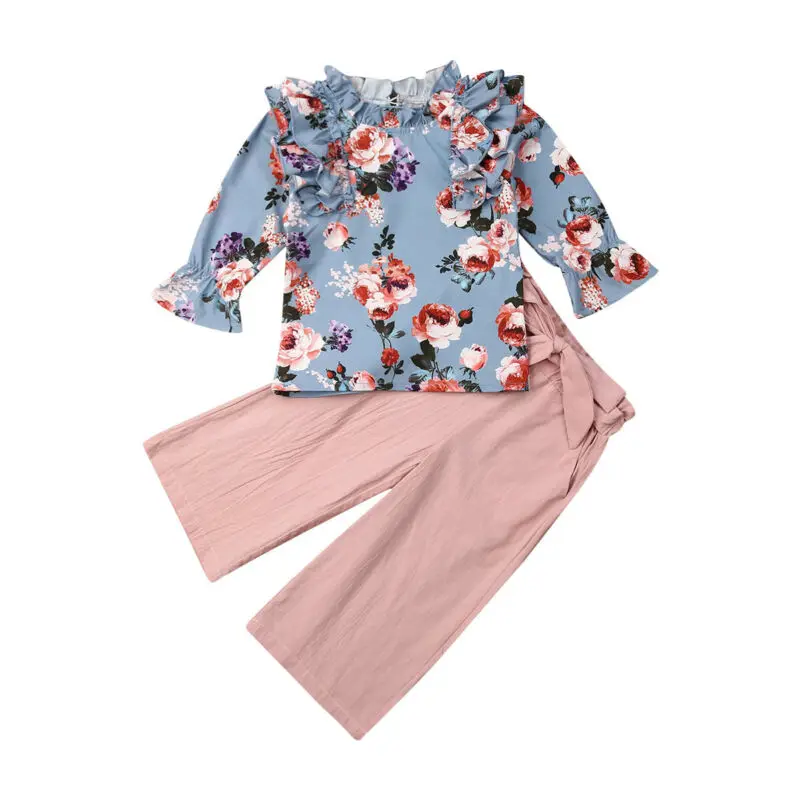 

Boutique Girl Clothes 2019 Toddler Baby Girls Fly-Sleeve Floral Kid Tops + Trousers Pants Autumn Clothes