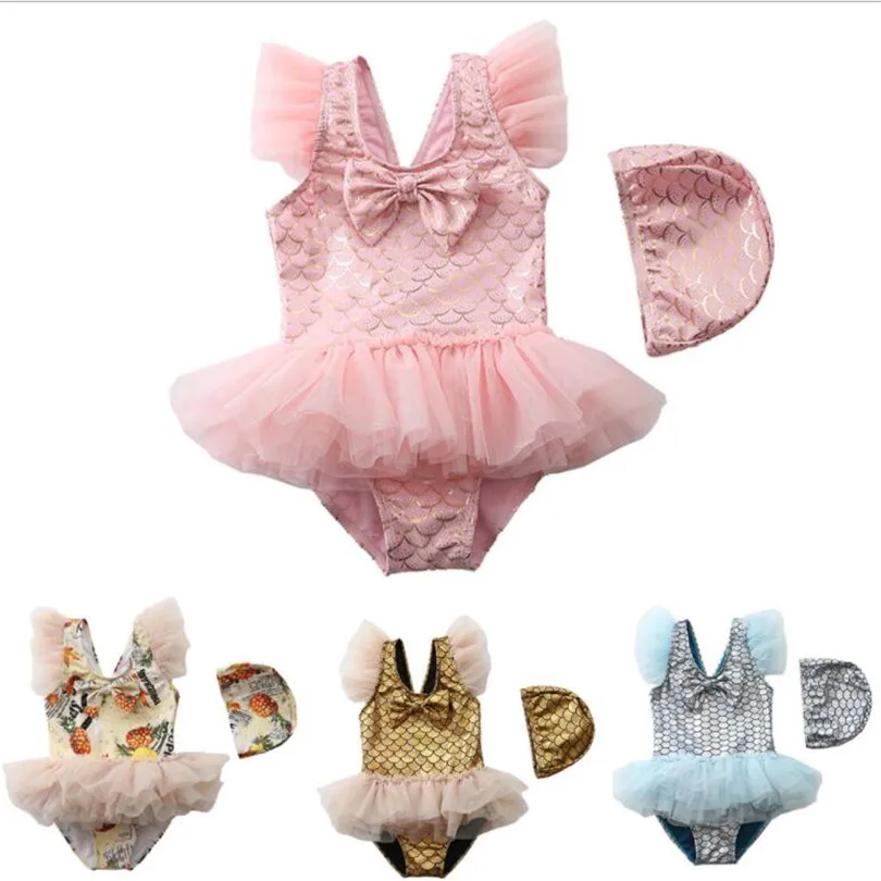 Baby Girls Swimwear 2021 Floral Lace Princess Girls Swimsuit With Hat Mermaid Children Toddler Girls Beachwear Bathing Suits