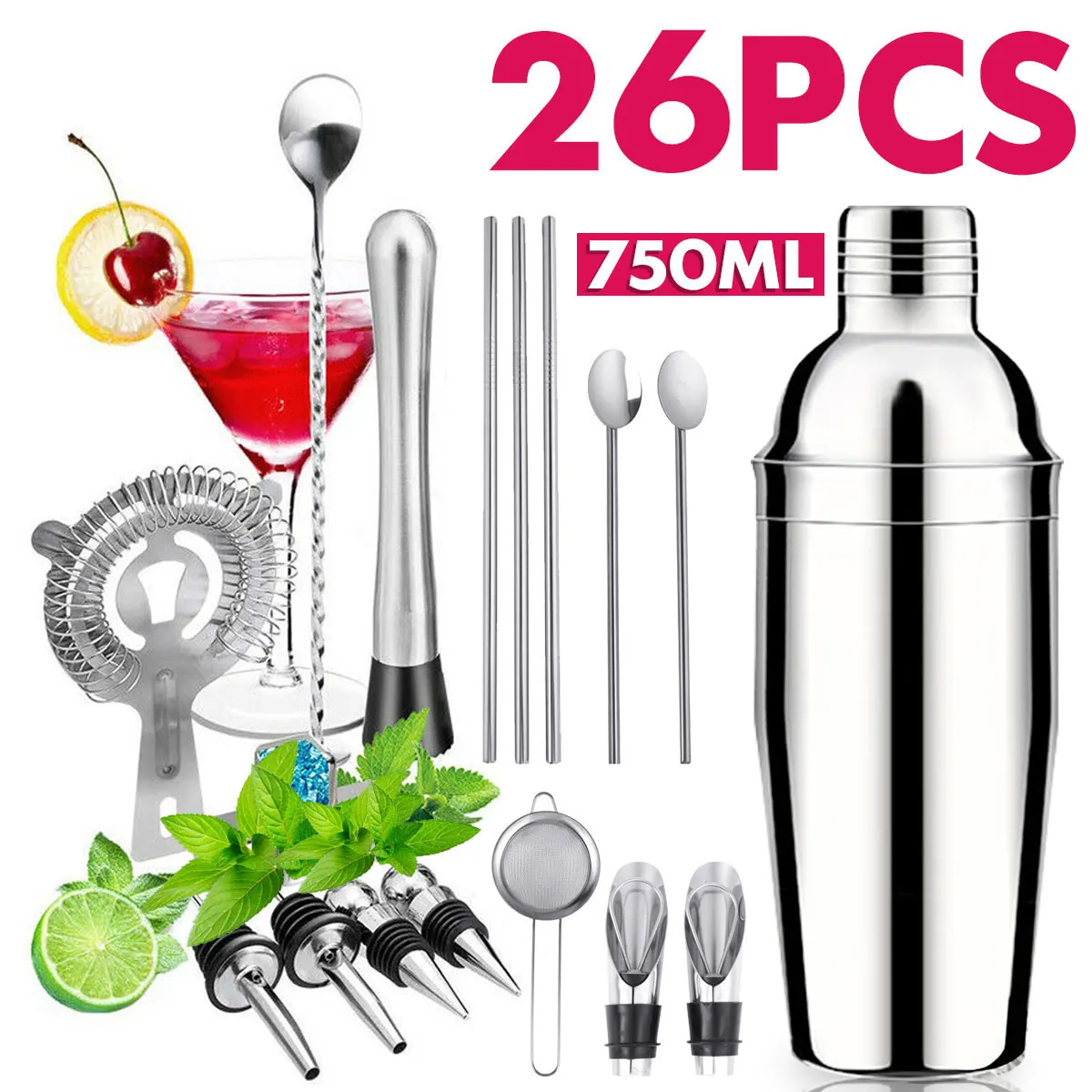 

26pcs/set 750ml Cocktail Shaker Mixer Drink Bartender Browser Kit Bars Set Tools Stainless Steel Bar Sets Bartender Tools