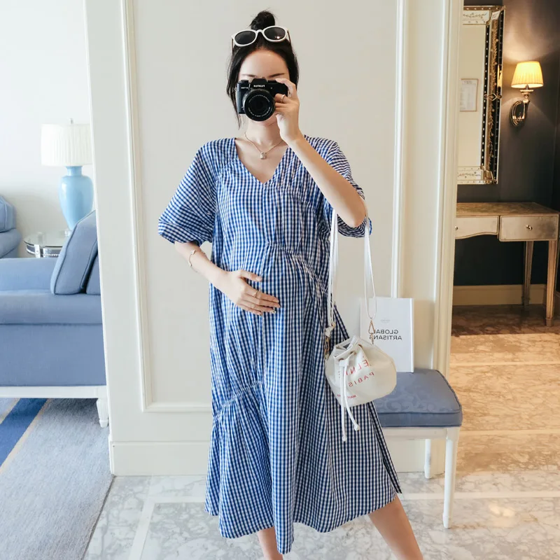 2019 New Brand Summer Maternity Dress Woman Cute Plaid Large Size Dresses Pregnant MD-01804 | Мать и ребенок