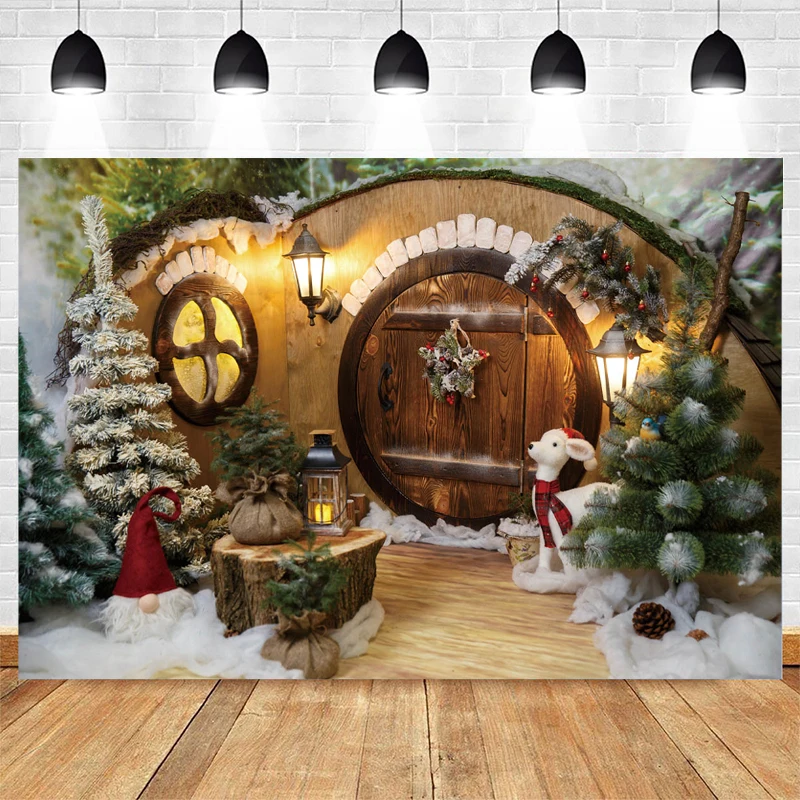 

Mocsicka Christmas Photography Background Wooden House Elk Christmas Tree Decoration PropsNewborn Portrait Photo Backdrop Banner