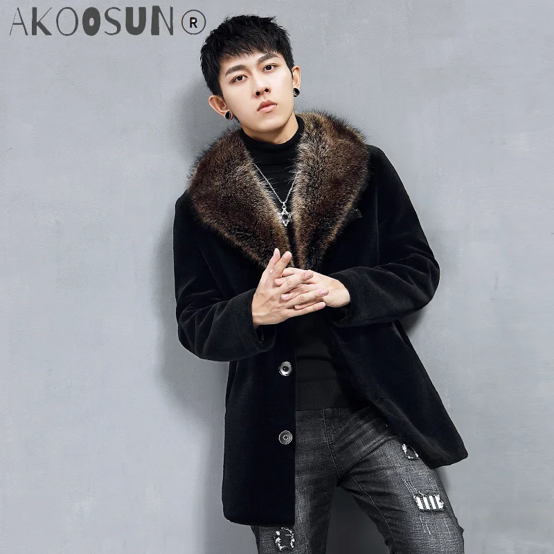 

AKOOSUN 2020 Men's Clothing Real Wool Fur Coat 100% Raccoon Fur Collar Leather Jacket Men 5XL Clothes chaqueta hombre LXR776