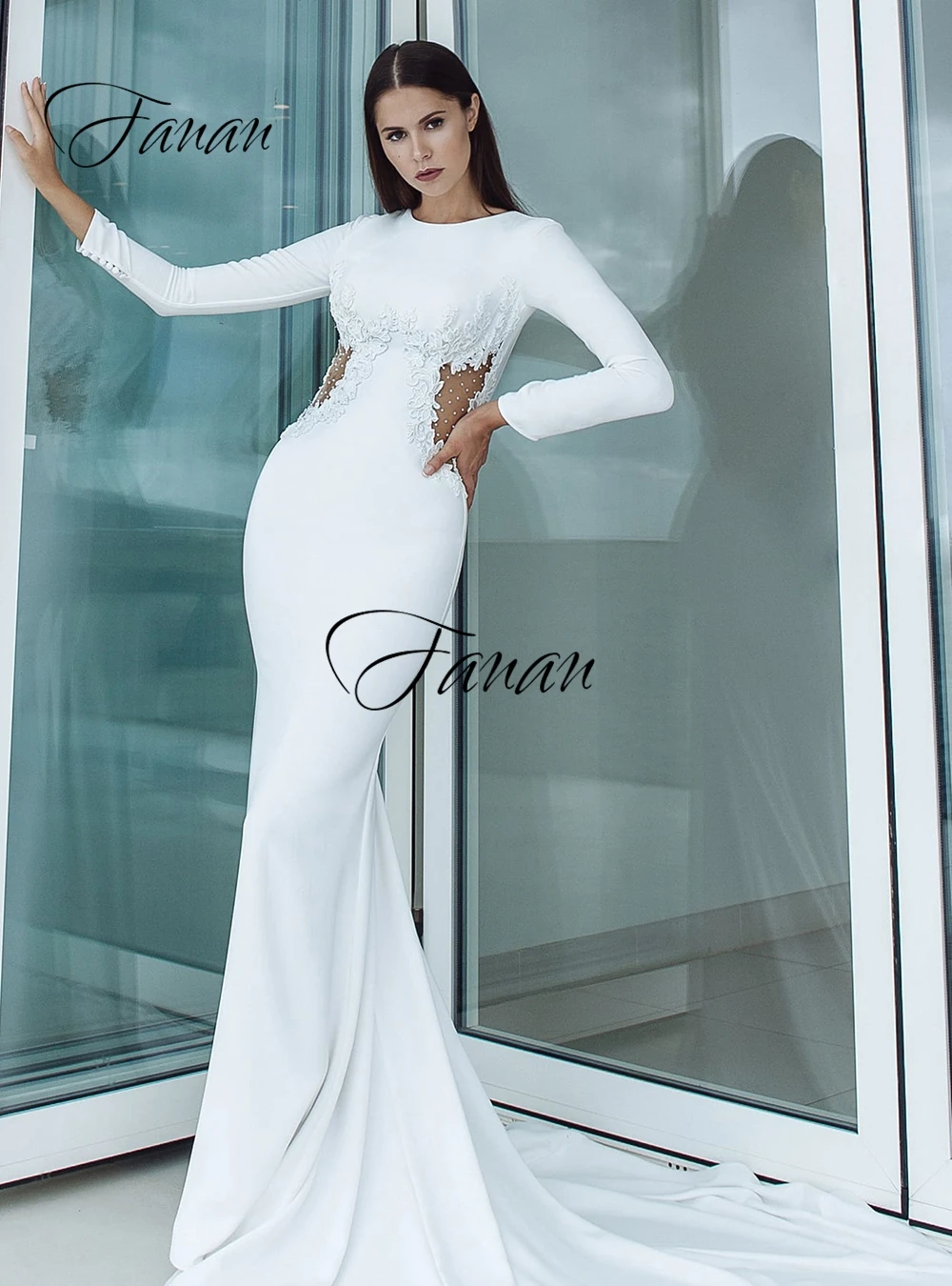 

O-Neck Long Sleeve Backless Mermaid Wedding Dresses Appliques Floor Length Sweep Train Bridal Gown Свадебное платье