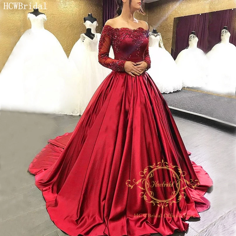 

Burgundy Evening Dress Long Sleeves Gorgeous Beading Appliques Satin A Line Formal Women Dresses Customize Robe De Soiree