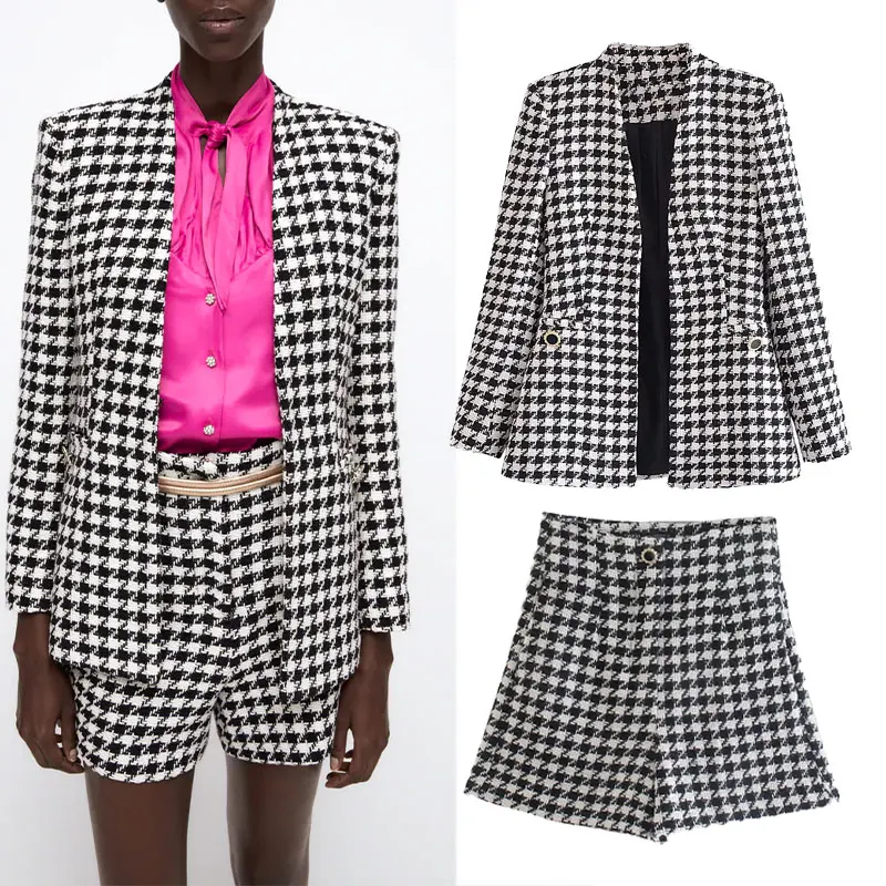 

Za Women Suits With Shorts Sets 2021 Fashion Plaid Bermuda Office Open Stitch Blazer Coat+High waist Shorts Casual 2 Piece Set