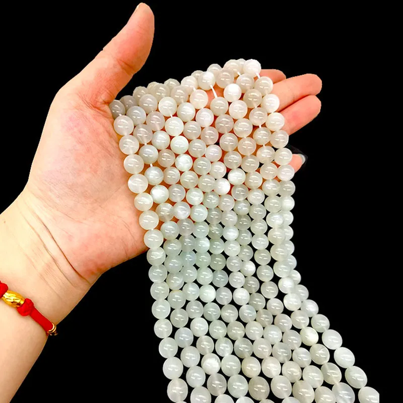 

6-12mm White Moon Gemstone Circular Energy Crystal Yoga Meditation Natural Crystal Bracelet Necklace Loose Bead Smooth Stone