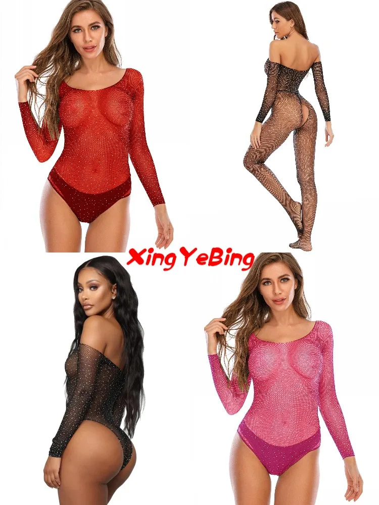 

Explosively Sexy Lady Ironed Diamond Onesie Uniform Temptation Sexy Open Long Sleeve Sexy Underwear Attractive Net Clothes