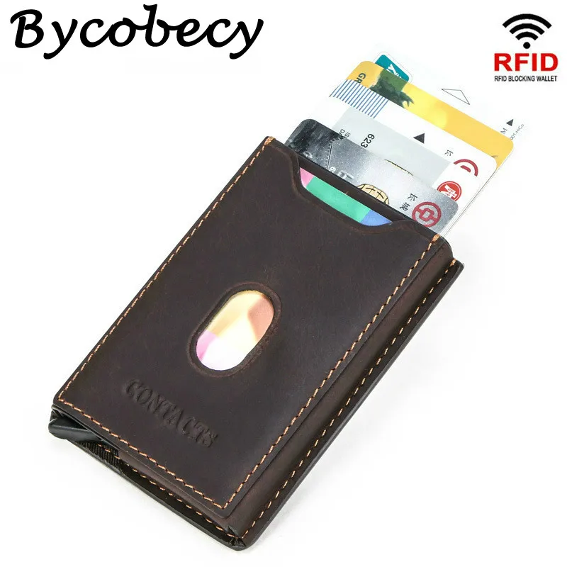 

Bycobecy Men and Women Credit Card Holder Vintage Genuine Leather Card Wallet RFID Blocking Auto Pop-up Aluminum Card Case