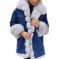 faux fur winter thick denim coat women top fashion blue jacket patchwork warm parkas long sleeve female plus velvet outerwear